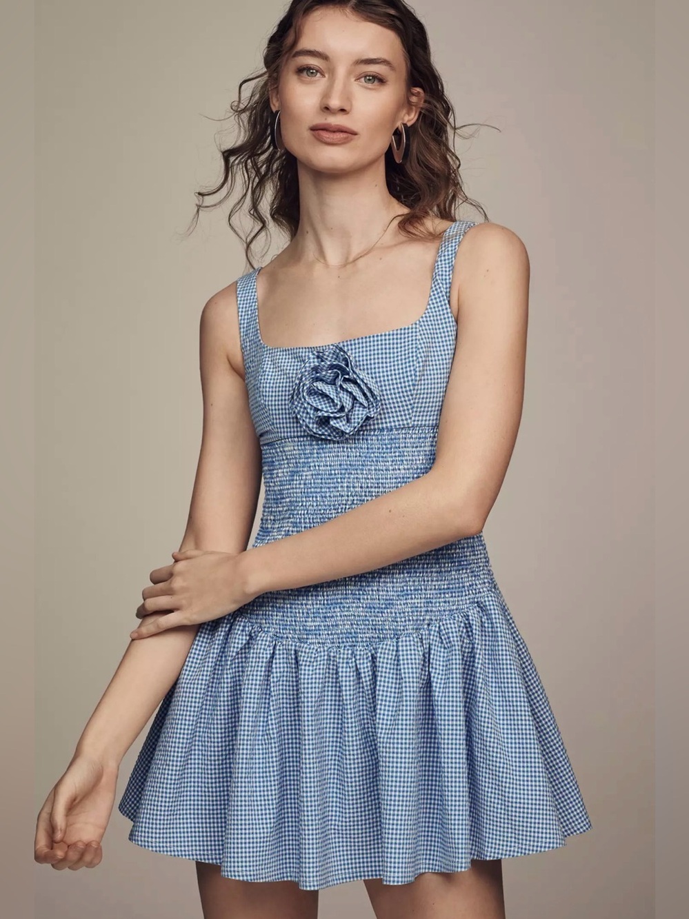 Anthropologie Maeve Smocked Rosette Drop-Waist Mini Dress Blue White Gingham M